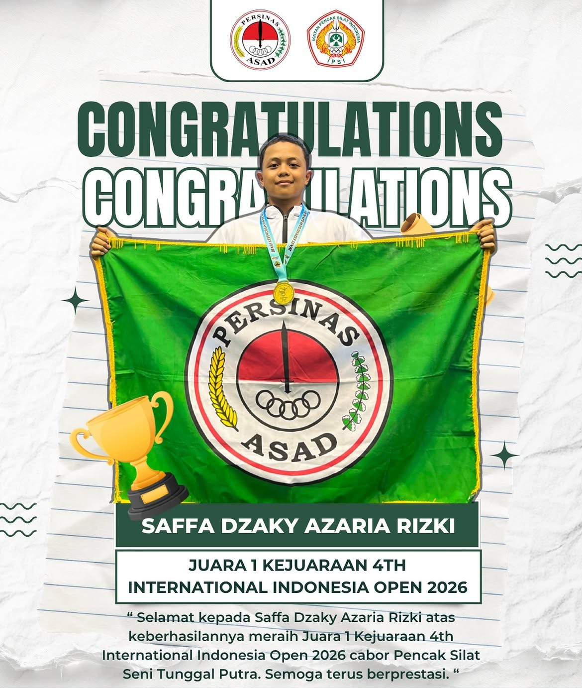 Atlet Persinas ASAD Kota Surakarta Menraih Juara 1 pada Kejuaraan Internasional Indonesia Open 4th 
